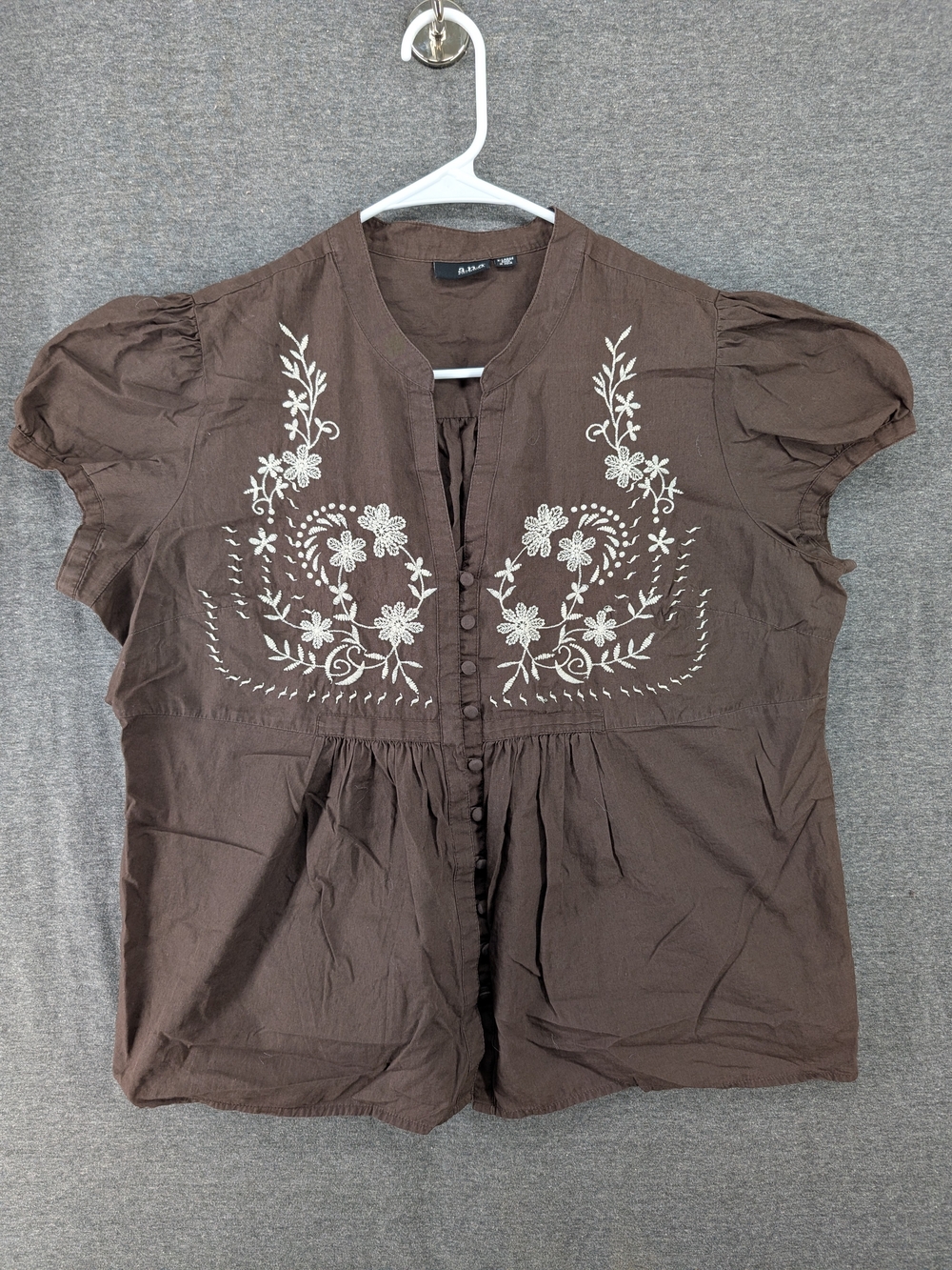 a.n.a Brown Button-Front Embroidered Blouse